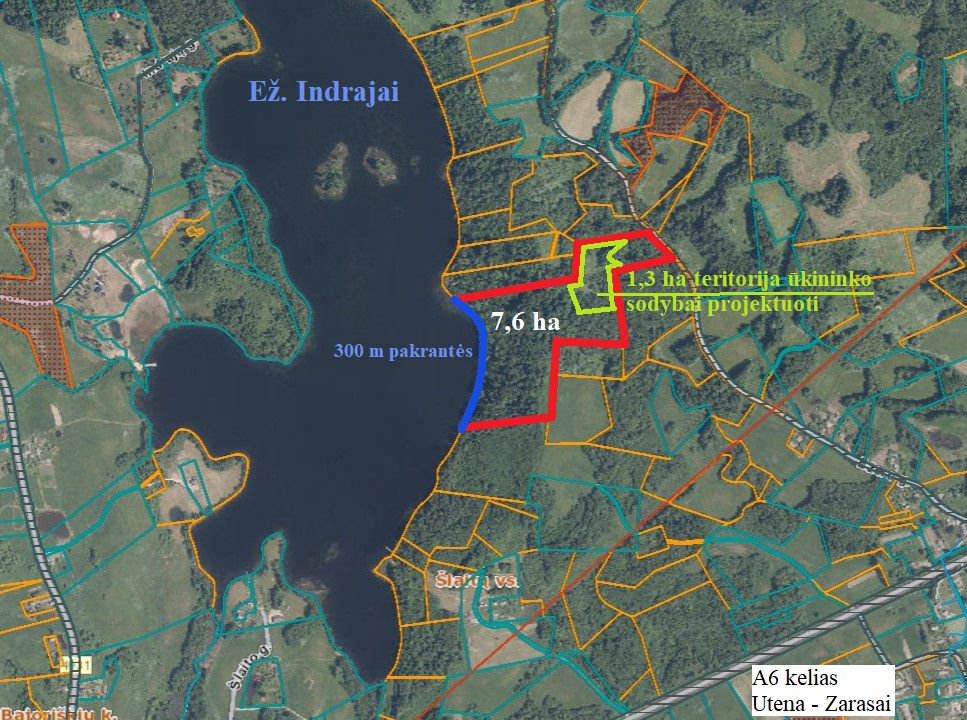 VERTINGAS 7,60 HA ŽEMĖS SKLYPAS SU NET 300 M GRAŽIOS INDRAJŲ EŽERO PAKRANTĖS UTENOS R., DAUGAILIŲ K.